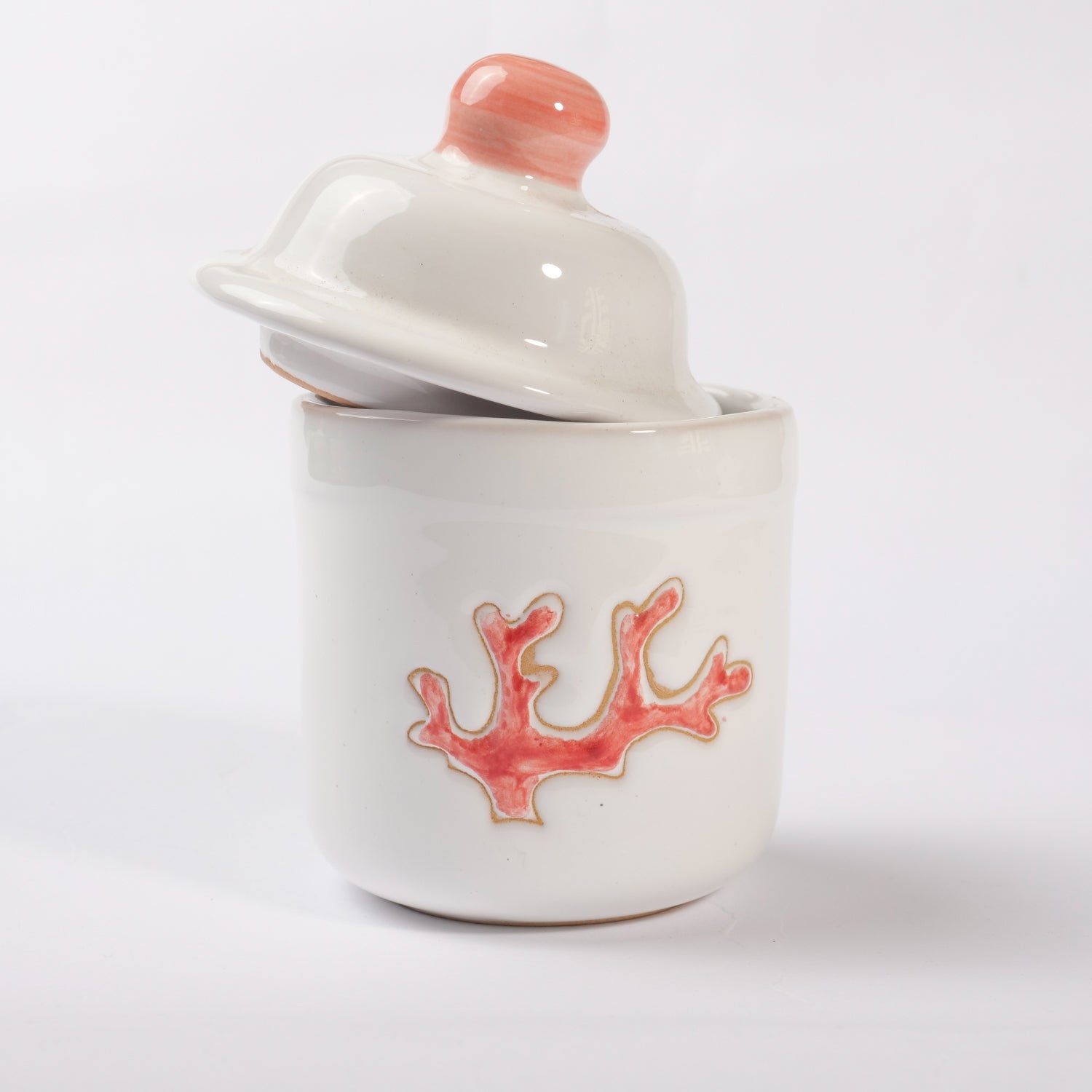 Barattolo con Coperchio in Ceramica con Decoro Corallo - Artigianato Pasella