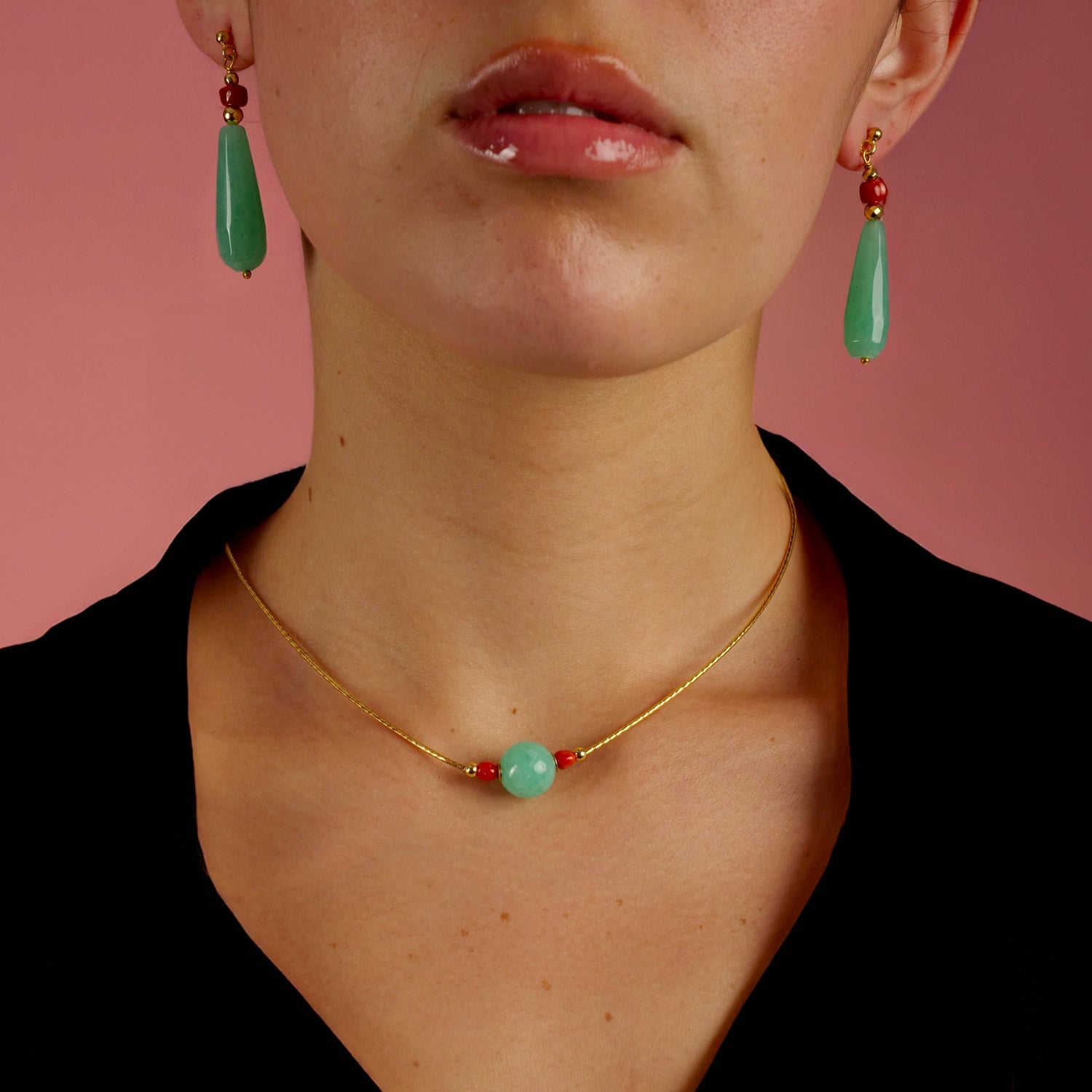 Collana Artigianale in Argento con Quarzo Verde e Corallo - Artigianato Pasella
