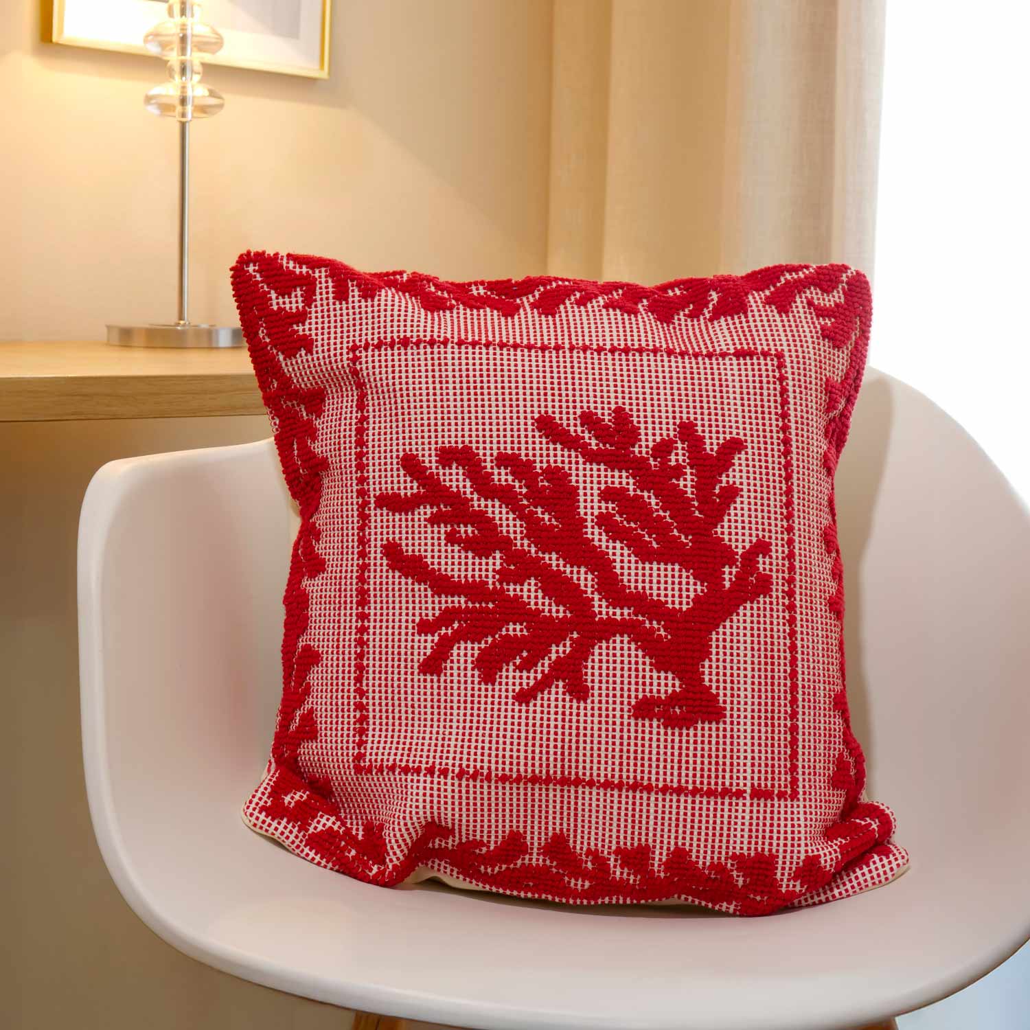 Cuscino in Cotone, Decoro Corallo Rosso - Artigianato Pasella