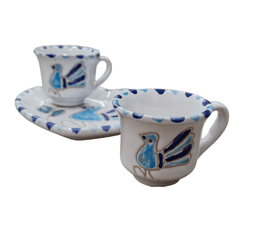 Set da caffè x2 con motivo pavoncella turchese e vassoio cuore - Artigianato Pasella