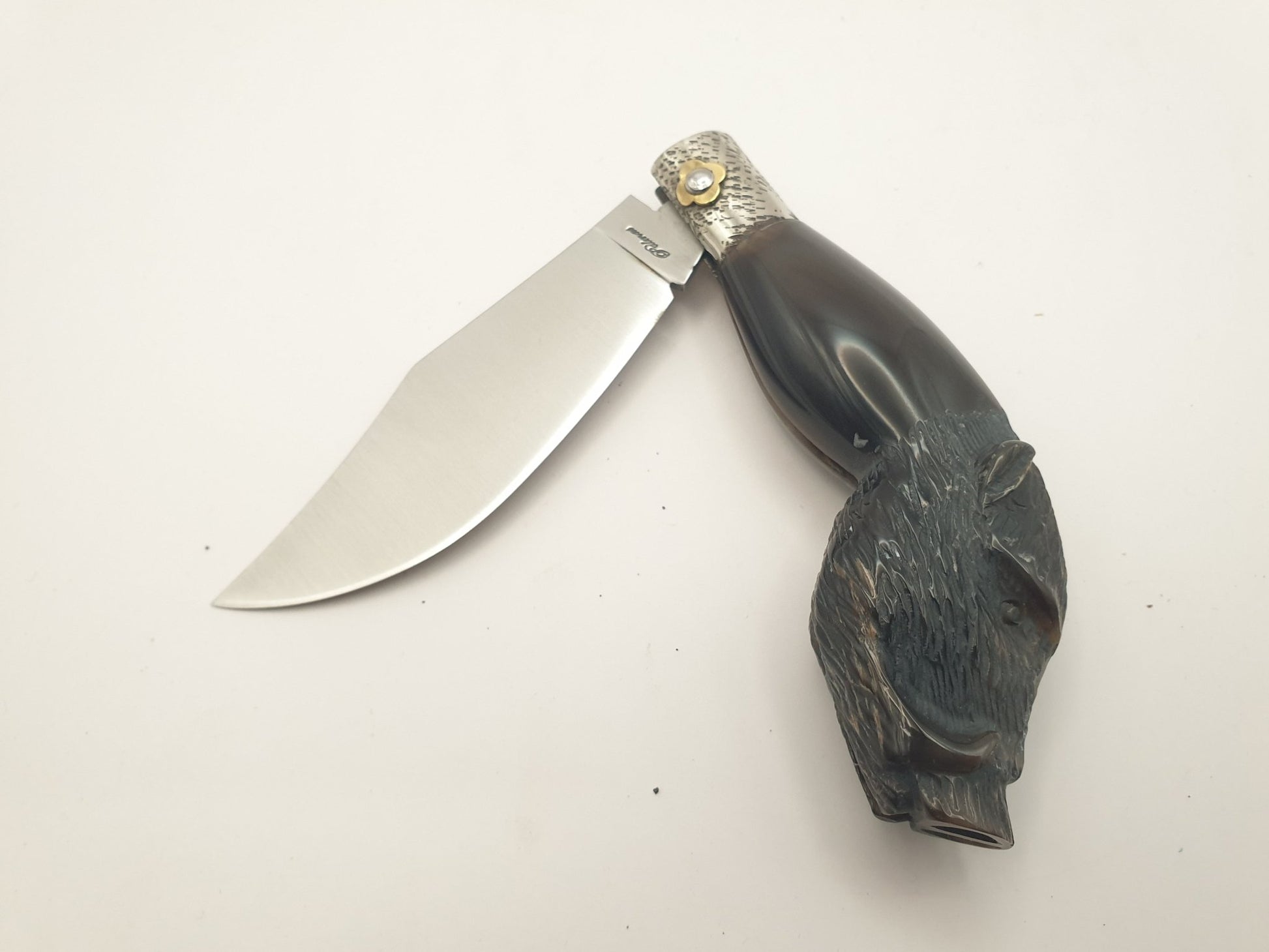 Coltello scultura cinghiale, manico bufalo, 23 cm - Artigianato Pasella