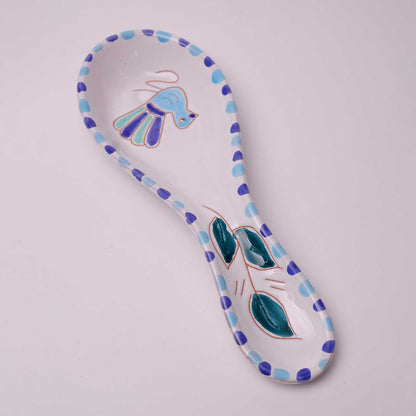 Poggia-mestolo ovale con motivo pavoncella turchese - Artigianato Pasella