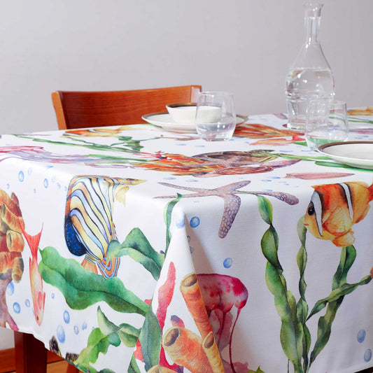 Tovaglia con decoro fondale marino con tartarughe - Artigianato Pasella