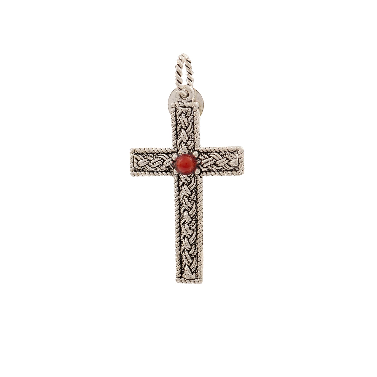 Ciondolo Croce in Argento con Dettaglio in Corallo - Artigianato Pasella