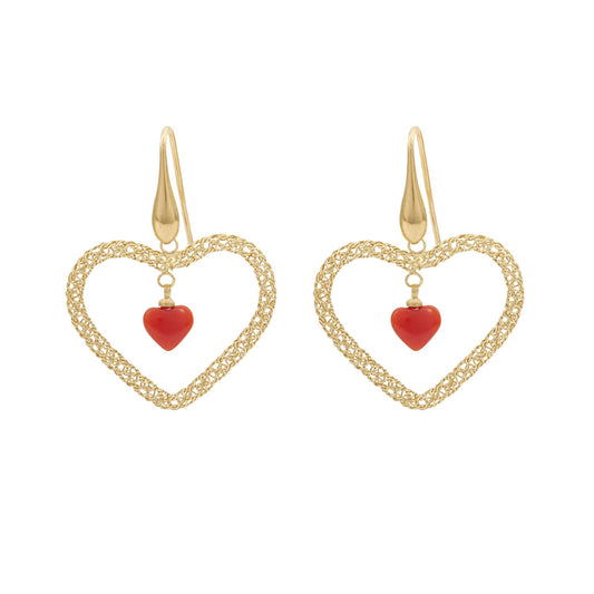 Orecchini Pendenti in Argento con Cuore e Corallo - Artigianato Pasella