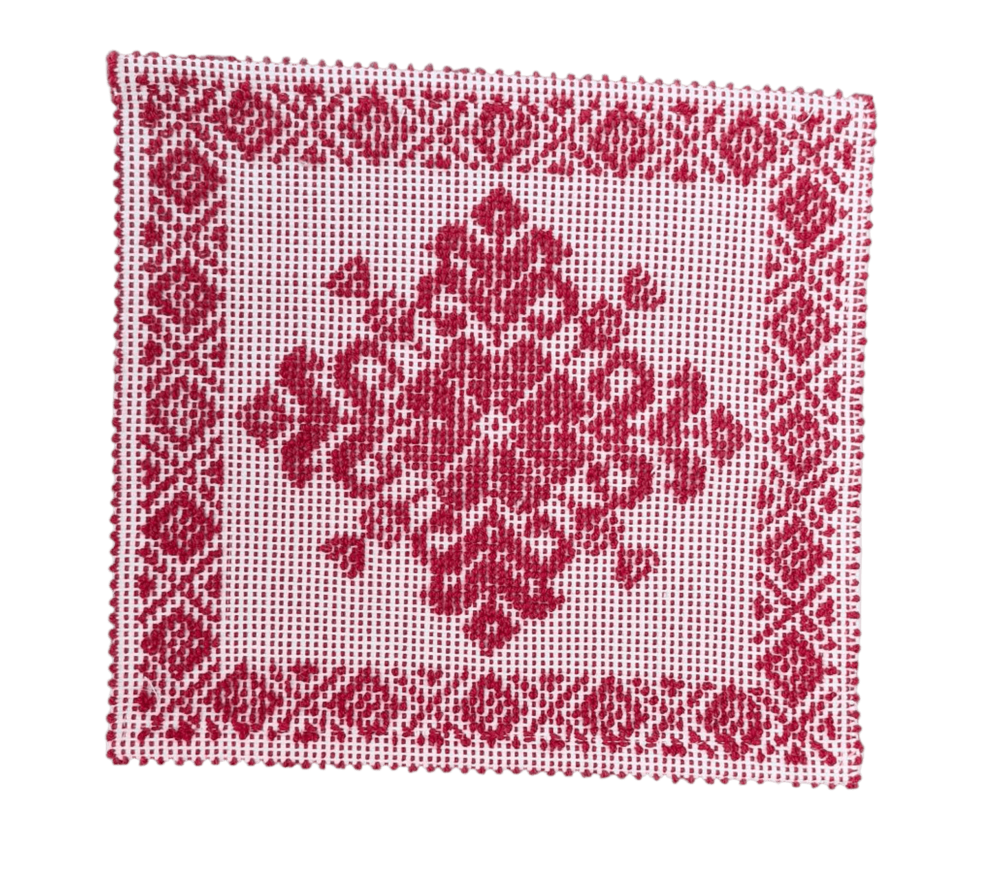 Tappetino - centrino sardo, cotone, lavorazione meccanica, decorazione giglio rossoo, 35x35 cm - Artigianato Pasella