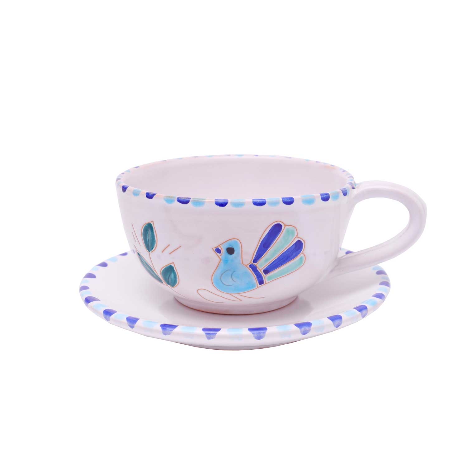 Tazza con piattino motivo pavoncella turchese - Artigianato Pasella