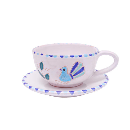 Tazza con piattino motivo pavoncella turchese - Artigianato Pasella